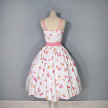 Load image into Gallery viewer, 50s WHITE AND PINK BUTTERFLY PRINT FULL SKIRTED SUN DRESS - S