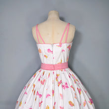 Load image into Gallery viewer, 50s WHITE AND PINK BUTTERFLY PRINT FULL SKIRTED SUN DRESS - S