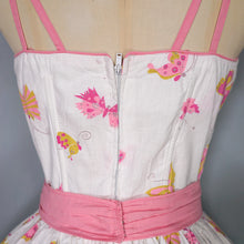 Load image into Gallery viewer, 50s WHITE AND PINK BUTTERFLY PRINT FULL SKIRTED SUN DRESS - S