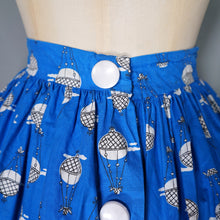 Load image into Gallery viewer, BLUE AND WHITE HOT AIR BALLOON NOVELTY PRINT 50s FULL SKIRT - 25"