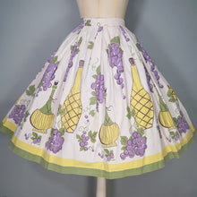 Load image into Gallery viewer, 50s WINE BOTTLE AND GRAPE BORDER PRINT WHITE COTTON FULL SKIRT - 26"