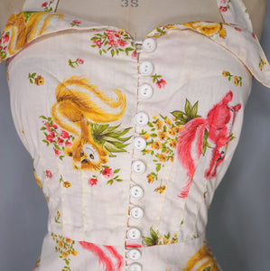 70s PENELOPE PEEP SQUIRREL NOVELTY PRINT MINI HALTER DRESS - S