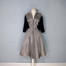 Load image into Gallery viewer, 40s &quot;LOUIS MUSMAN&quot; SILVER AND BLACK STRIPE ZIP FRONT DRESS WITH VELVET BATWING SLEEVE - S