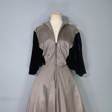 Load image into Gallery viewer, 40s &quot;LOUIS MUSMAN&quot; SILVER AND BLACK STRIPE ZIP FRONT DRESS WITH VELVET BATWING SLEEVE - S