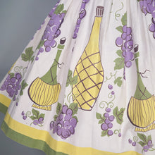 Load image into Gallery viewer, 50s WINE BOTTLE AND GRAPE BORDER PRINT WHITE COTTON FULL SKIRT - 26"
