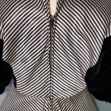 Load image into Gallery viewer, 40s &quot;LOUIS MUSMAN&quot; SILVER AND BLACK STRIPE ZIP FRONT DRESS WITH VELVET BATWING SLEEVE - S