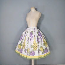 Load image into Gallery viewer, 50s WINE BOTTLE AND GRAPE BORDER PRINT WHITE COTTON FULL SKIRT - 26"