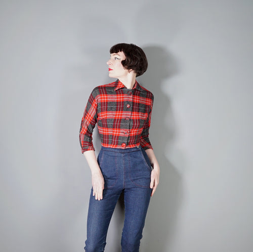 50s COLLEGIAN SPORTSWEAR RED GREY PLAID CHECK CROPPED WOOL JACKET - XS