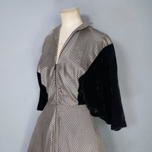 Load image into Gallery viewer, 40s &quot;LOUIS MUSMAN&quot; SILVER AND BLACK STRIPE ZIP FRONT DRESS WITH VELVET BATWING SLEEVE - S
