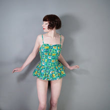 Load image into Gallery viewer, 50s TWEKA GREEN FLORAL SHIRRED AND SKIRTED COTTON SWIMSUIT - S-M