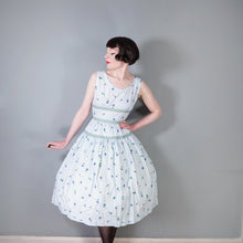 Load image into Gallery viewer, 50s LIGHT BLUE VIOLET FLOWER PRINT CALIFORNIA COTTONS DRESS - S