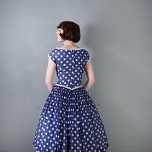 Load image into Gallery viewer, 50s PAT PREMO DARK BLUE AND WHITE POLKA DOT FULL SKIRTED DRESS - S