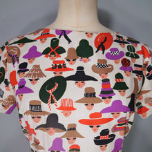 Load image into Gallery viewer, 50s 60s LADY FACES AND HATS NOVELTY COTTON DRESS - S