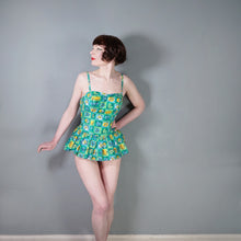 Load image into Gallery viewer, 50s TWEKA GREEN FLORAL SHIRRED AND SKIRTED COTTON SWIMSUIT - S-M