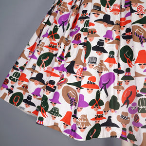 50s 60s LADY FACES AND HATS NOVELTY COTTON DRESS - S