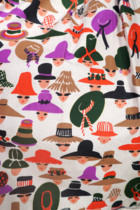 50s 60s LADY FACES AND HATS NOVELTY COTTON DRESS - S