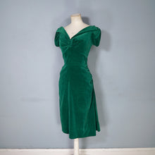 Load image into Gallery viewer, 50s FITTED OFF SHOULDER GREEN VELVET COCKTAIL DRESS WITH BACK DRAPE - S
