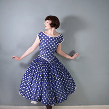 Load image into Gallery viewer, 50s PAT PREMO DARK BLUE AND WHITE POLKA DOT FULL SKIRTED DRESS - S