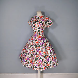50s 60s LADY FACES AND HATS NOVELTY COTTON DRESS - S