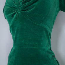 Load image into Gallery viewer, 50s FITTED OFF SHOULDER GREEN VELVET COCKTAIL DRESS WITH BACK DRAPE - S