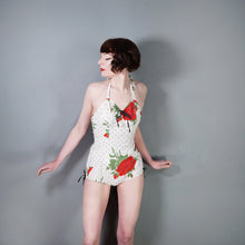 Load image into Gallery viewer, 50s RED ROSE FLORAL PRINT SHIRRED COTTON SWIMSUIT / BATHER - S-M