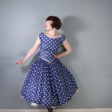 Load image into Gallery viewer, 50s PAT PREMO DARK BLUE AND WHITE POLKA DOT FULL SKIRTED DRESS - S