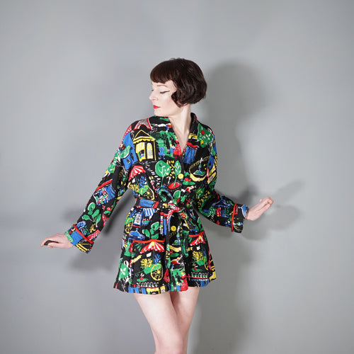 50s FRENCH NOVELTY PRINT TERRY TOWELLING BEACH JACKET WITH TIE BELT - ONE SIZE