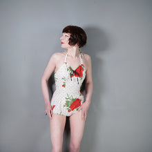 Load image into Gallery viewer, 50s RED ROSE FLORAL PRINT SHIRRED COTTON SWIMSUIT / BATHER - S-M