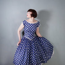Load image into Gallery viewer, 50s PAT PREMO DARK BLUE AND WHITE POLKA DOT FULL SKIRTED DRESS - S