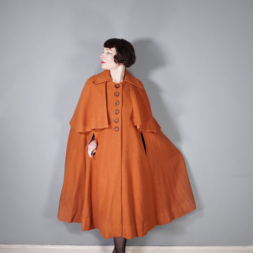 40s style ELEGANT WOOL TWEED RUST COLOURED CAPE COAT - One Size