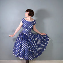 Load image into Gallery viewer, 50s PAT PREMO DARK BLUE AND WHITE POLKA DOT FULL SKIRTED DRESS - S