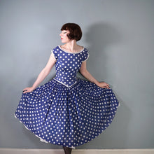 Load image into Gallery viewer, 50s PAT PREMO DARK BLUE AND WHITE POLKA DOT FULL SKIRTED DRESS - S