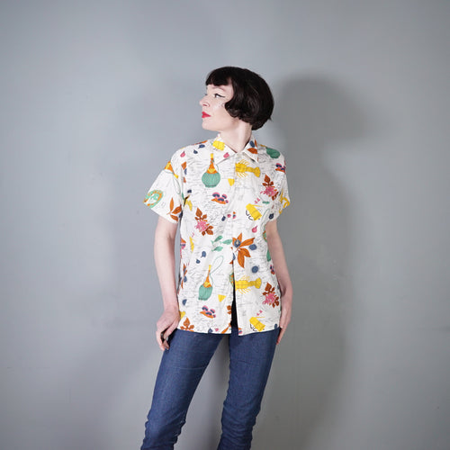 50s ITALIAN HOLIDAY NOVELTY MAP AND LOCAL FOOD PRINT SHIRT - L