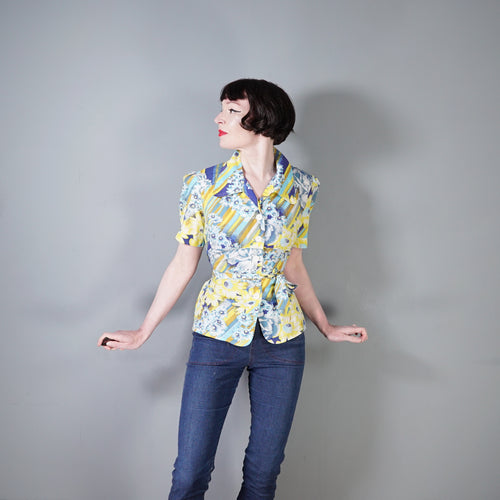 70s YELLOW AND BLUE STRIPED FLORAL SUMMER SHIRT - M