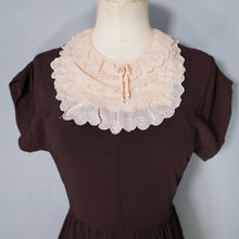 Load image into Gallery viewer, 40s CHESTNUT BROWN RAYON CREPE TEA DRESS WITH TIERED SCALLOPED BIB - XS