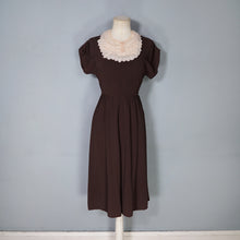 Load image into Gallery viewer, 40s CHESTNUT BROWN RAYON CREPE TEA DRESS WITH TIERED SCALLOPED BIB - XS