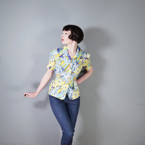 70s YELLOW AND BLUE STRIPED FLORAL SUMMER SHIRT - M