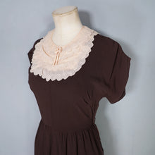 Load image into Gallery viewer, 40s CHESTNUT BROWN RAYON CREPE TEA DRESS WITH TIERED SCALLOPED BIB - XS