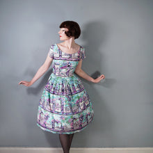 Load image into Gallery viewer, 50s PURPLE PINK ANG TURQUOISE SCENIC EUROPEAN SNAPSHOTS NOVELTY DRESS - M