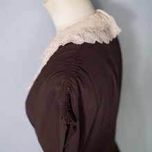 Load image into Gallery viewer, 40s CHESTNUT BROWN RAYON CREPE TEA DRESS WITH TIERED SCALLOPED BIB - XS