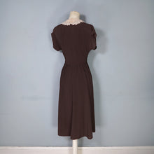 Load image into Gallery viewer, 40s CHESTNUT BROWN RAYON CREPE TEA DRESS WITH TIERED SCALLOPED BIB - XS