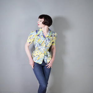 70s YELLOW AND BLUE STRIPED FLORAL SUMMER SHIRT - M
