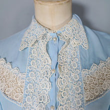 Load image into Gallery viewer, 50s "AV-EN-NO" SHEER BABY BLUE LACE TRIM DELICATE BLOUSE - XS-S
