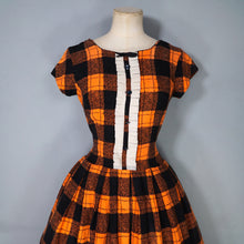 Load image into Gallery viewer, 60s ORANGE BLACK SOFT WARM FLANNEL FULL SKIRT DRESS WITH RUFFLE - XS-S