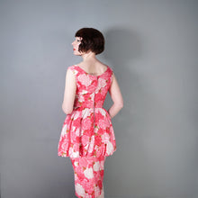 Load image into Gallery viewer, 50s PINK FLORAL ROSE PRINT BUBBLE HEM PEPLUM WIGGLE COCKTAIL DRESS - S