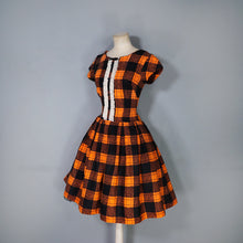 Load image into Gallery viewer, 60s ORANGE BLACK SOFT WARM FLANNEL FULL SKIRT DRESS WITH RUFFLE - XS-S