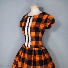 Load image into Gallery viewer, 60s ORANGE BLACK SOFT WARM FLANNEL FULL SKIRT DRESS WITH RUFFLE - XS-S