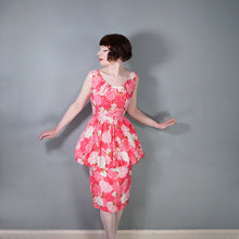 Load image into Gallery viewer, 50s PINK FLORAL ROSE PRINT BUBBLE HEM PEPLUM WIGGLE COCKTAIL DRESS - S