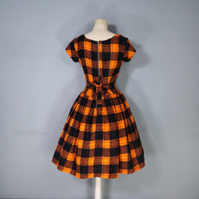 Load image into Gallery viewer, 60s ORANGE BLACK SOFT WARM FLANNEL FULL SKIRT DRESS WITH RUFFLE - XS-S