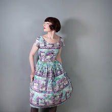 Load image into Gallery viewer, 50s PURPLE PINK ANG TURQUOISE SCENIC EUROPEAN SNAPSHOTS NOVELTY DRESS - M